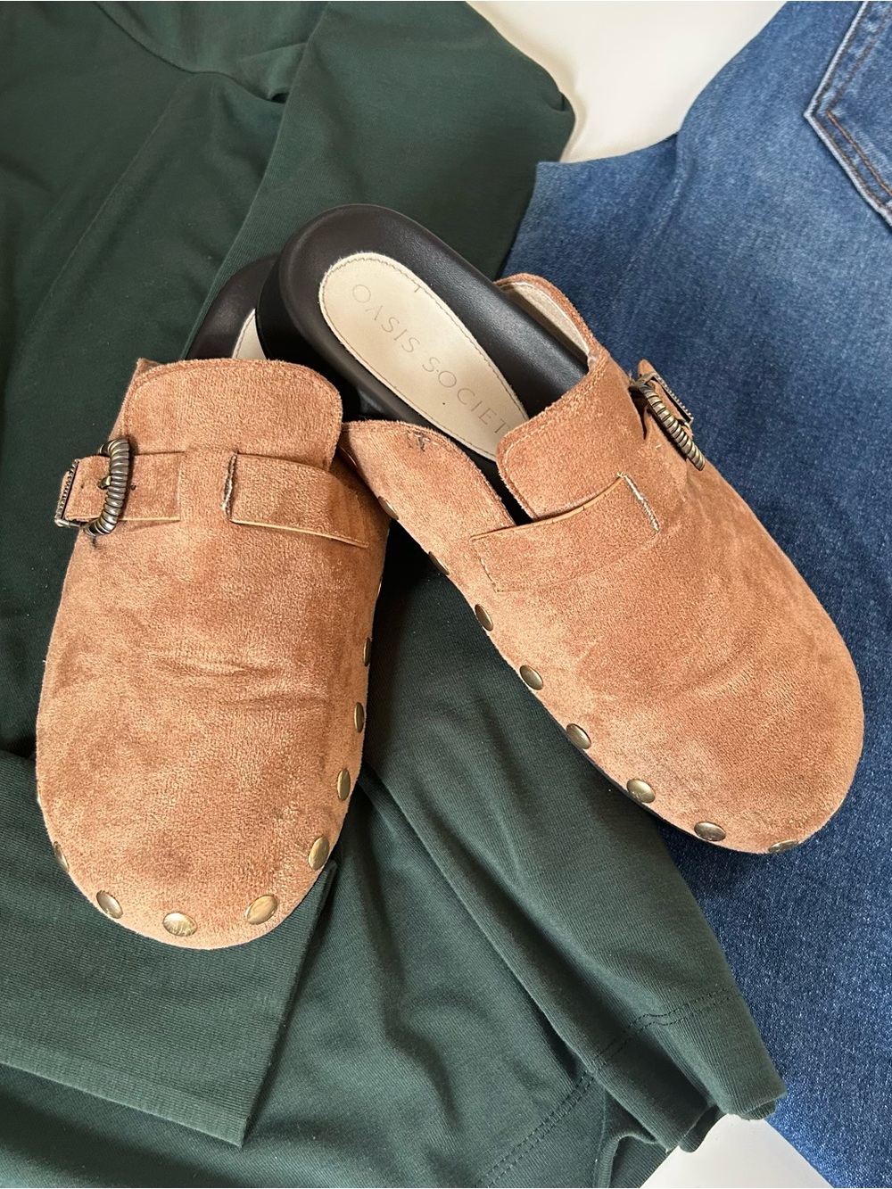 Oasis Society Women’s Brown Latte Studded Buckle Clogs
